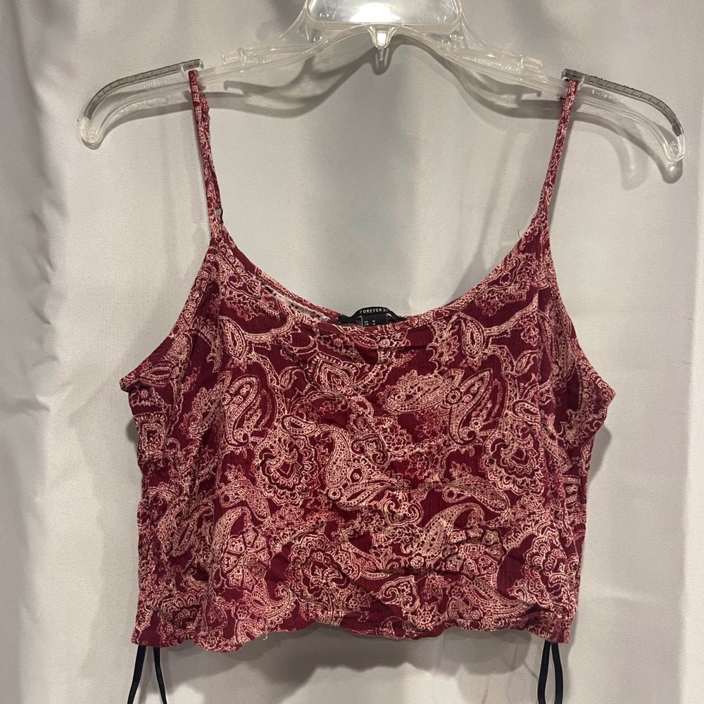 Y2K Womens Burgundy Paisley Cropped Cami BOHO Top Adjustable Straps Medium